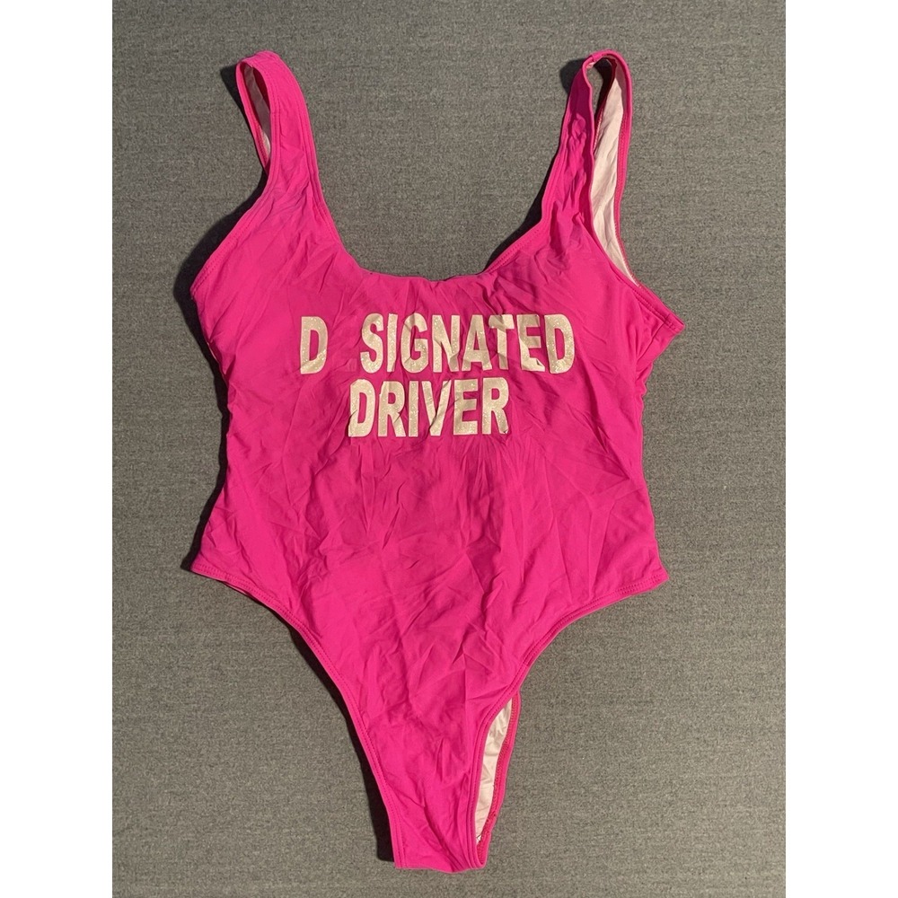 Hot Pink Designated Driver One Piece Swimsuit‎ Large Graphic Statement Party